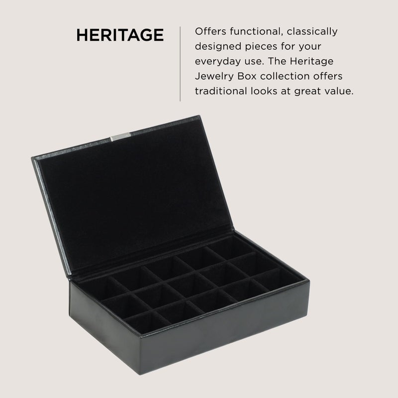 Wolf Designs WOLF Heritage 15-Piece Cufflink Box, Black - 15 Compartments - Faux Leather Exterior + Ultra-Suede Lining - Image 2